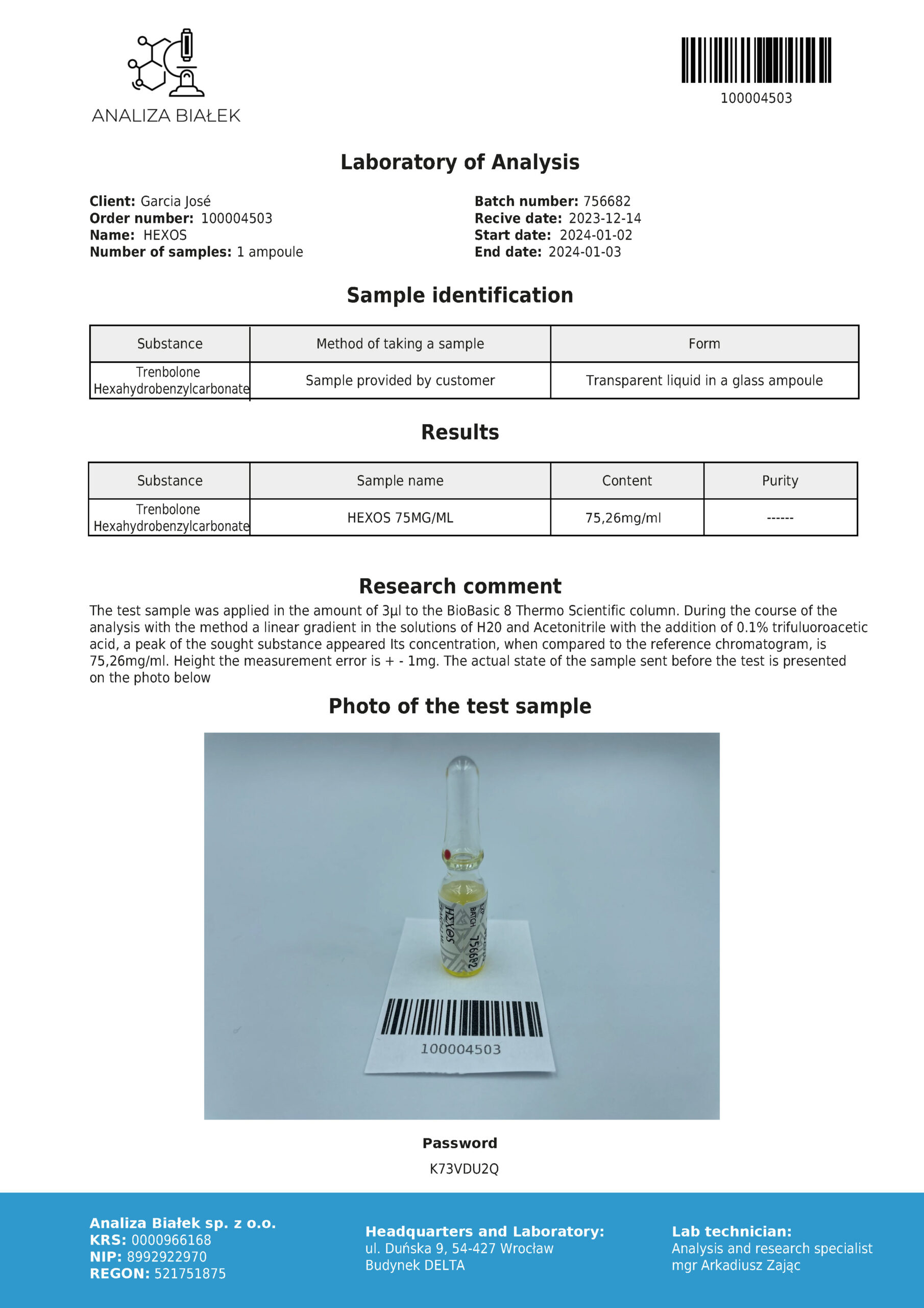 Hexos 75 mg/ml (hexahydrobencilcarbonato de trembolona) vial de 10 ml - Parabolan - Imagen 2