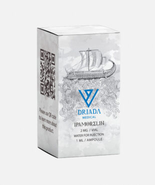 Confezione di Ipamorelin 2 mg Driada Medical, peptide per il rilascio dell'ormone GH.